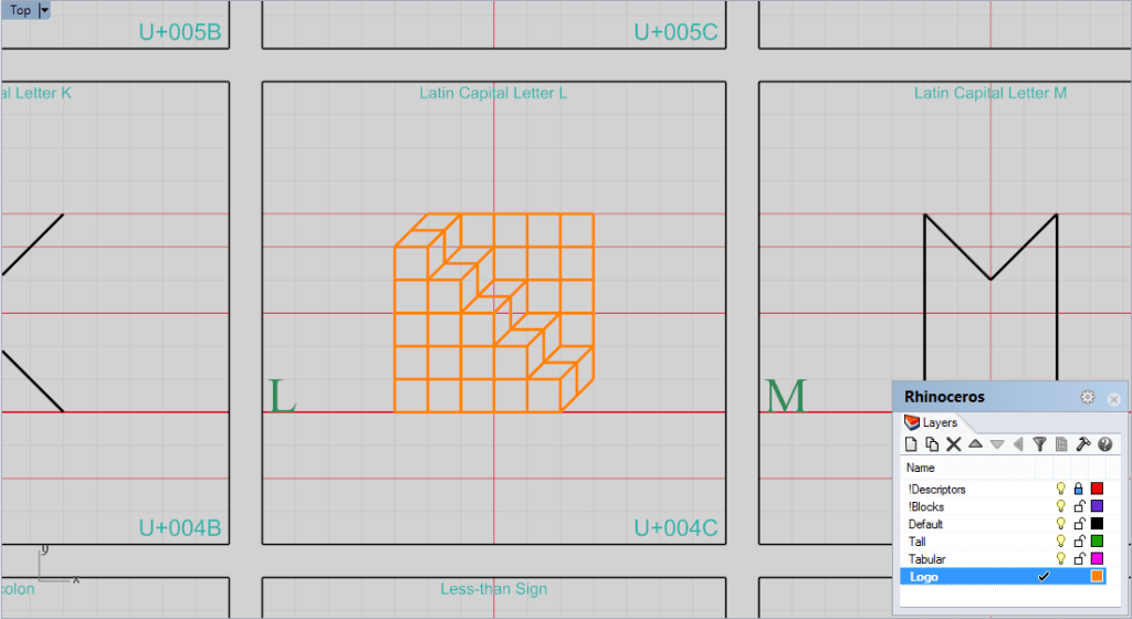 New geometry inside the 'L' cell, on the 'Logo' layer.